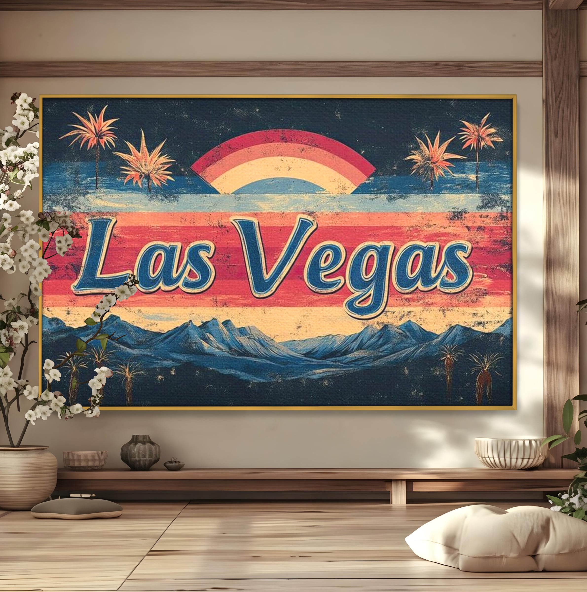Tablou canvas cu ilustratie retro las vegas cu curcubeu si munti, in rama de aluminiu auriu